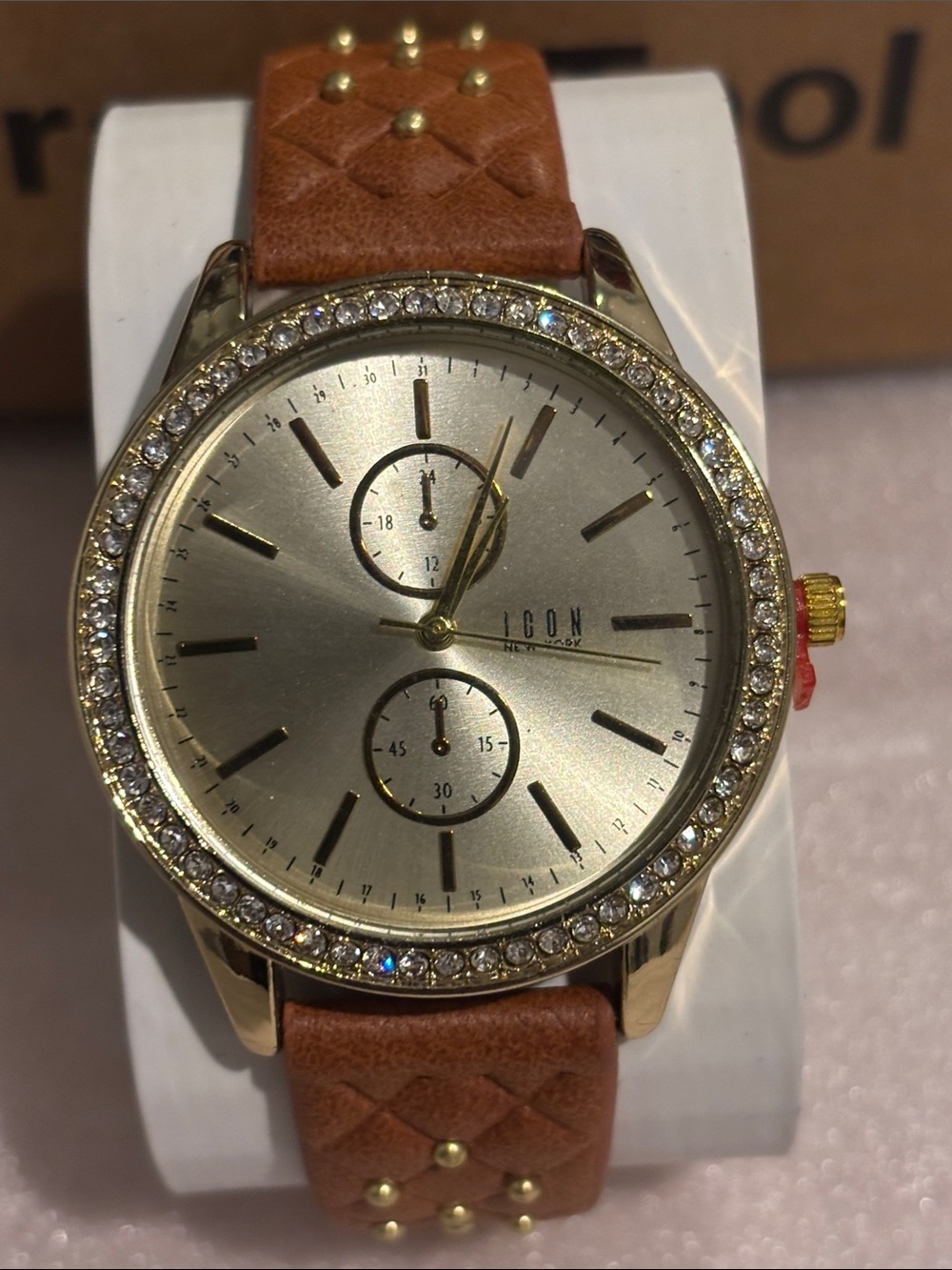 ICON Gold Crystal-Bezel Watch with Brown Leather Strap